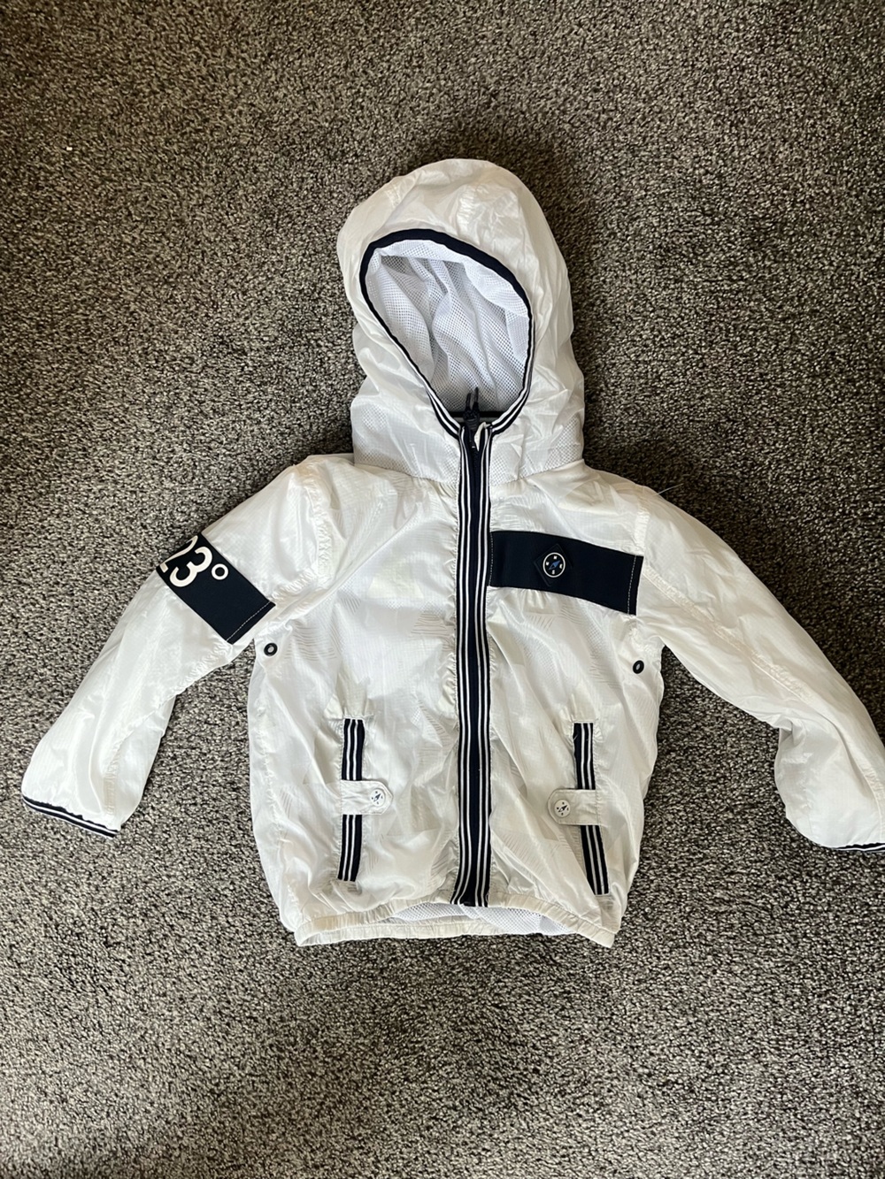 next White Hooded Raincoat with Navy Trim